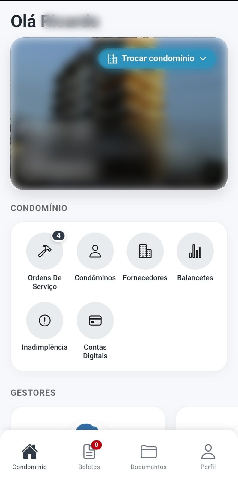 Tela inicial do app para condôminos, com ordens de serviço, boletos e documentos
